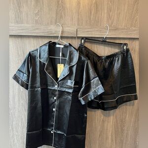 Luxurious Black Satin Pajama Set with White Accents